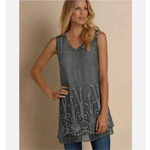 Soft Surroundings Silk Romance Top Embroidered Shoreline Grey Tunic Blouse Tank - Picture 1 of 5